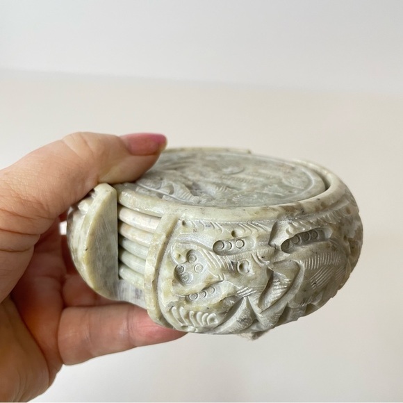 Carved Stone Elephants Coasters Set of 6 With Storage Holder READ - Picture 3 of 16